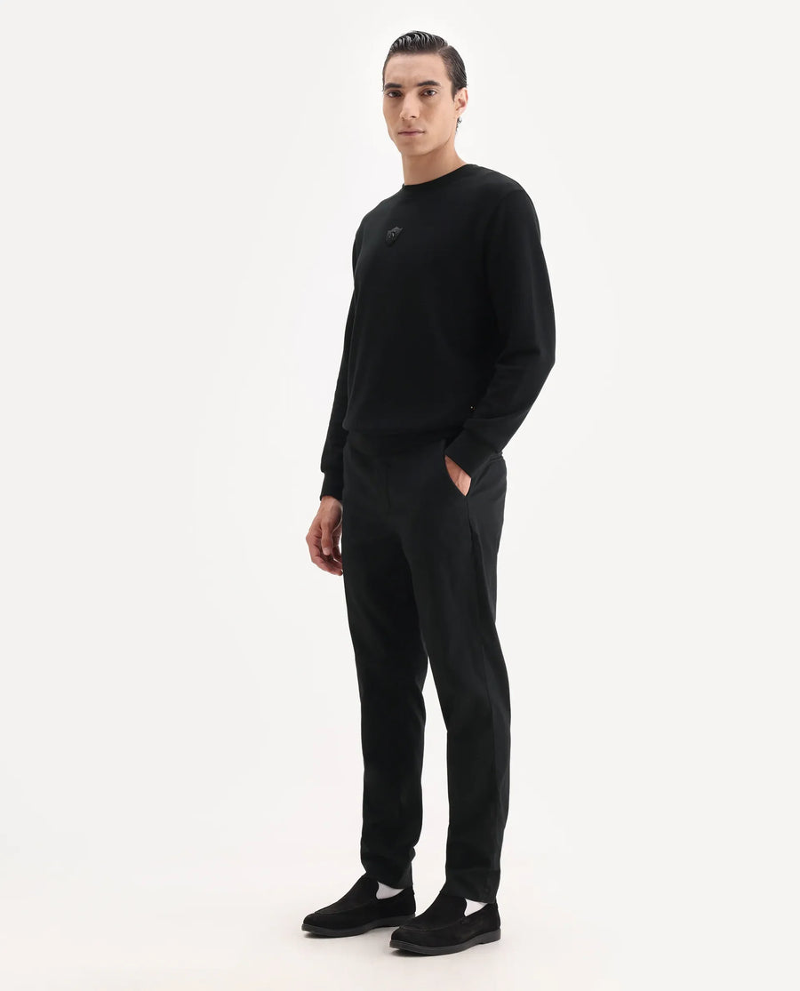 Rare Rabbit Men's Jes Black Cotton Blend Jacquard Relaxed Fit Trouser