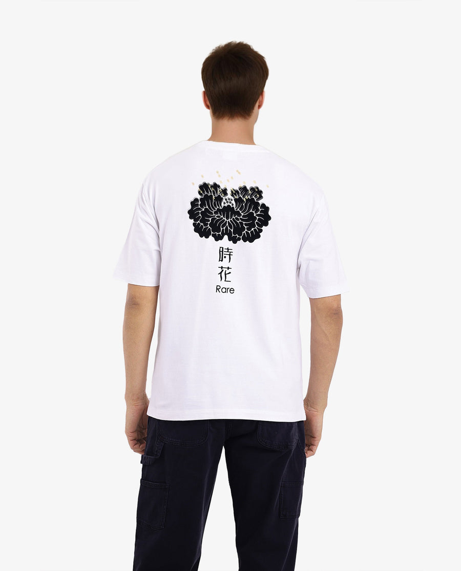 Rare Rabbit Men's Jika White Cotton Graphic Print Oversized Fit Half Sleeve Crew Neck T-Shirt