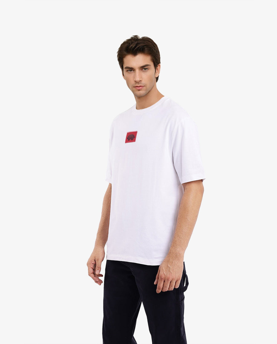 Rare Rabbit Men's Jika White Cotton Graphic Print Oversized Fit Half Sleeve Crew Neck T-Shirt