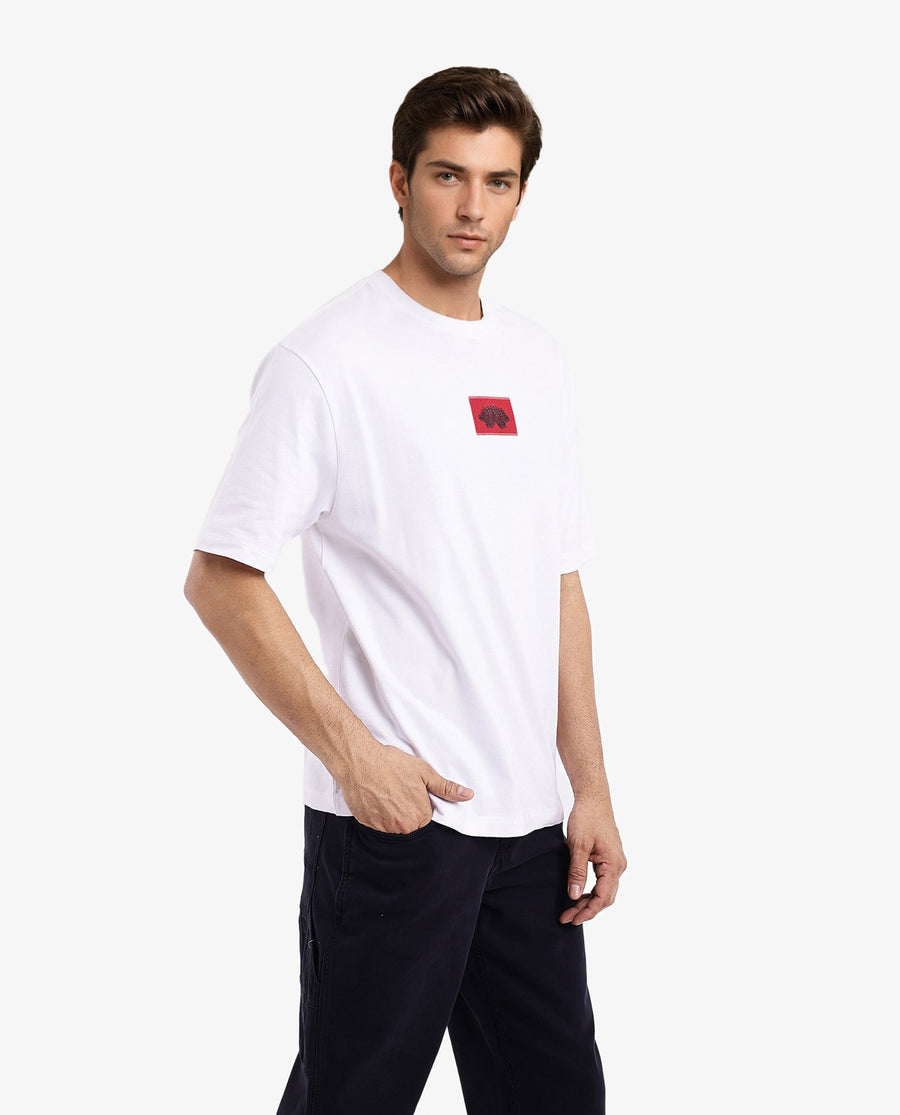 Rare Rabbit Men's Jika White Cotton Graphic Print Oversized Fit Half Sleeve Crew Neck T-Shirt