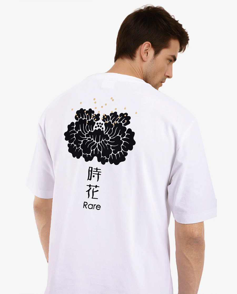 Rare Rabbit Men's Jika White Cotton Graphic Print Oversized Fit Half Sleeve Crew Neck T-Shirt