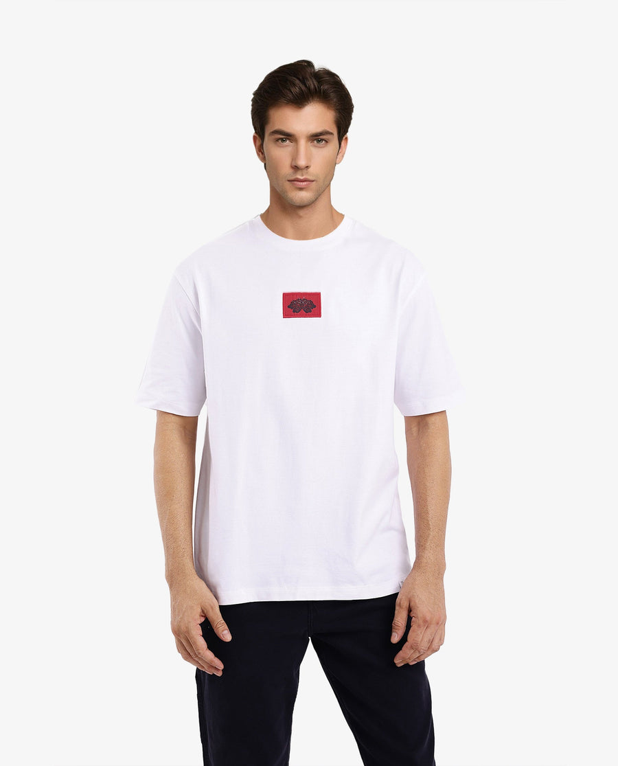 Rare Rabbit Men's Jika White Cotton Graphic Print Oversized Fit Half Sleeve Crew Neck T-Shirt