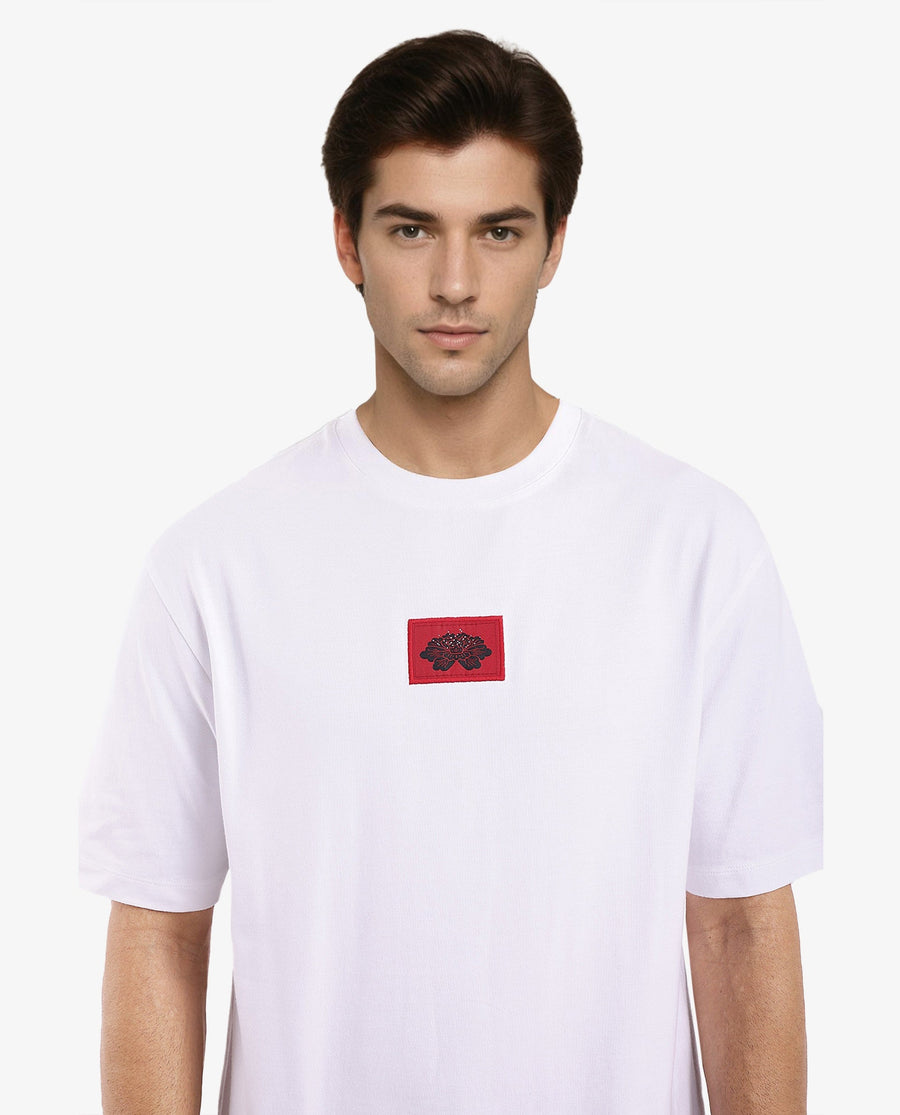 Rare Rabbit Men's Jika White Cotton Graphic Print Oversized Fit Half Sleeve Crew Neck T-Shirt