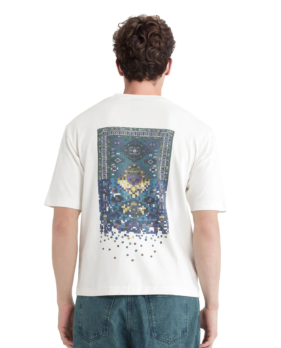 Rare Rabbit Men's Jino Off White Cotton Graphic Print Qlo Fit Half Sleeve Crew Neck T-Shirt