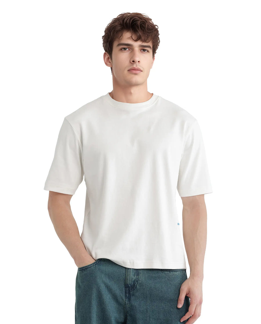 Rare Rabbit Men's Jino Off White Cotton Graphic Print Qlo Fit Half Sleeve Crew Neck T-Shirt