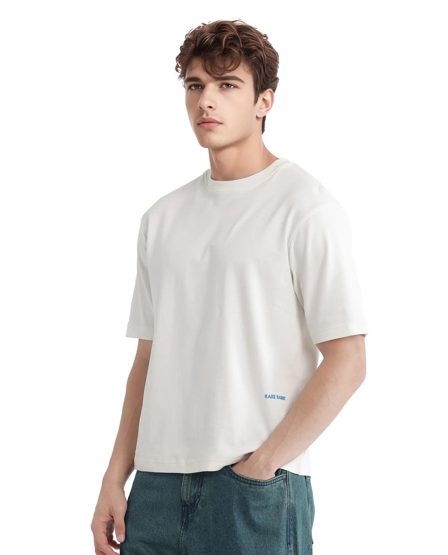 Rare Rabbit Men's Jino Off White Cotton Graphic Print Qlo Fit Half Sleeve Crew Neck T-Shirt