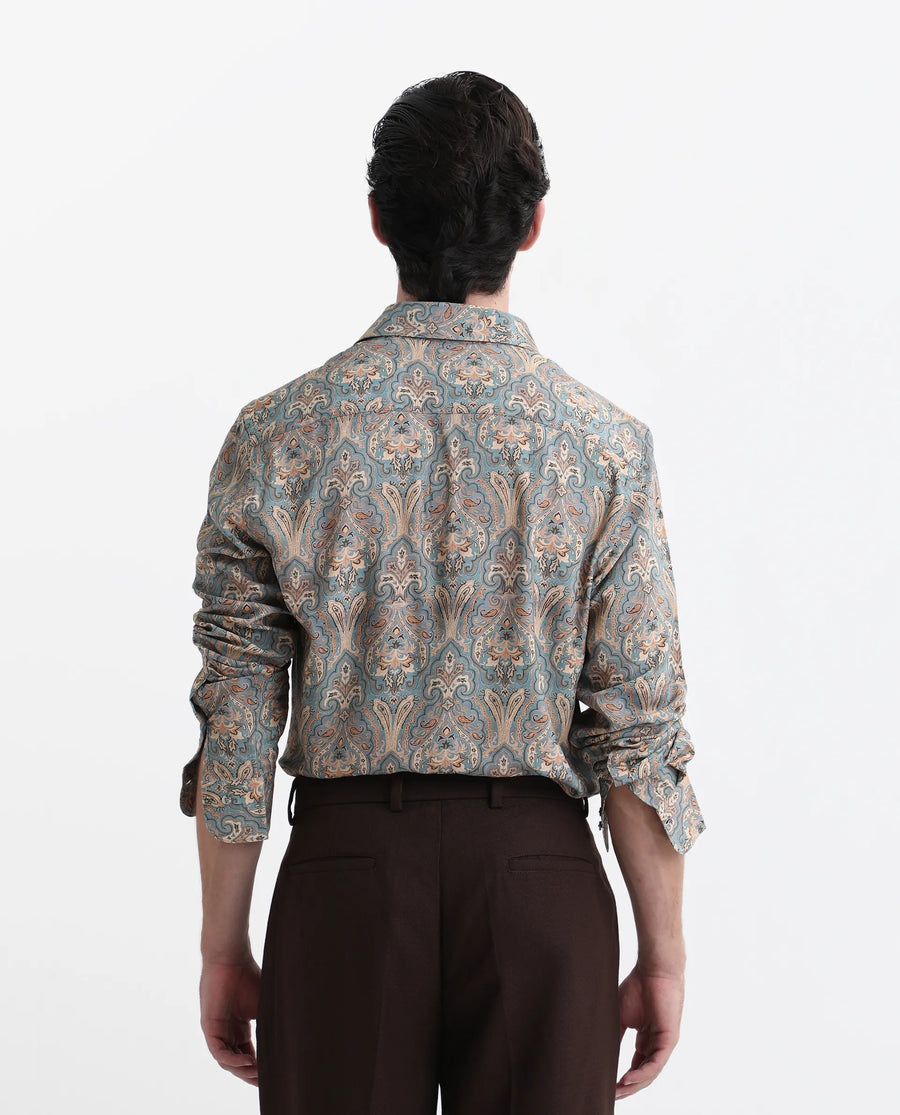 Rare Rabbit Men's Jirla Dusky Blue Viscose Paisley Print Regular Fit Full Sleeve Collared Shirt