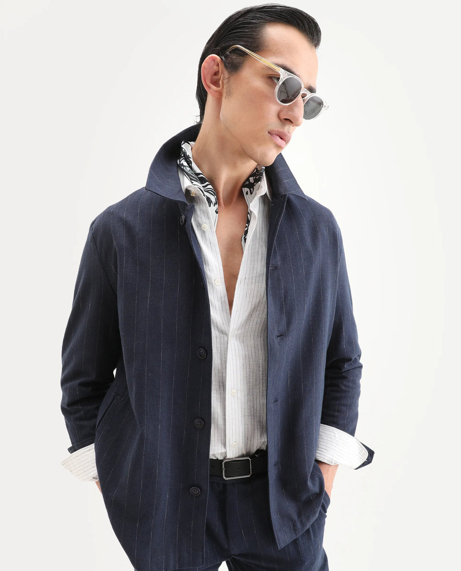 Rare Rabbit Men's Jlo-T Blue Polyester Fabric Full Sleeve Collared Neck Regular Fit Striped Shirt