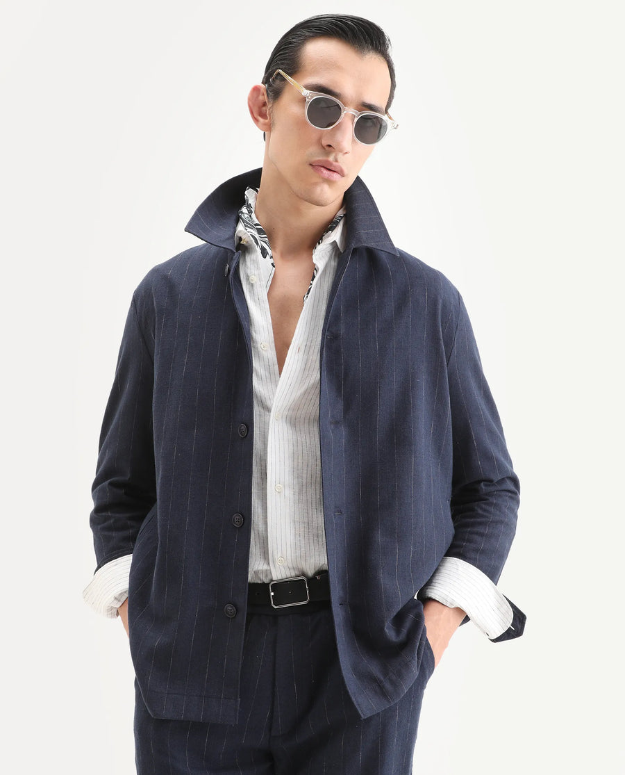 Rare Rabbit Men's Jlo-T Blue Polyester Fabric Full Sleeve Collared Neck Regular Fit Striped Shirt