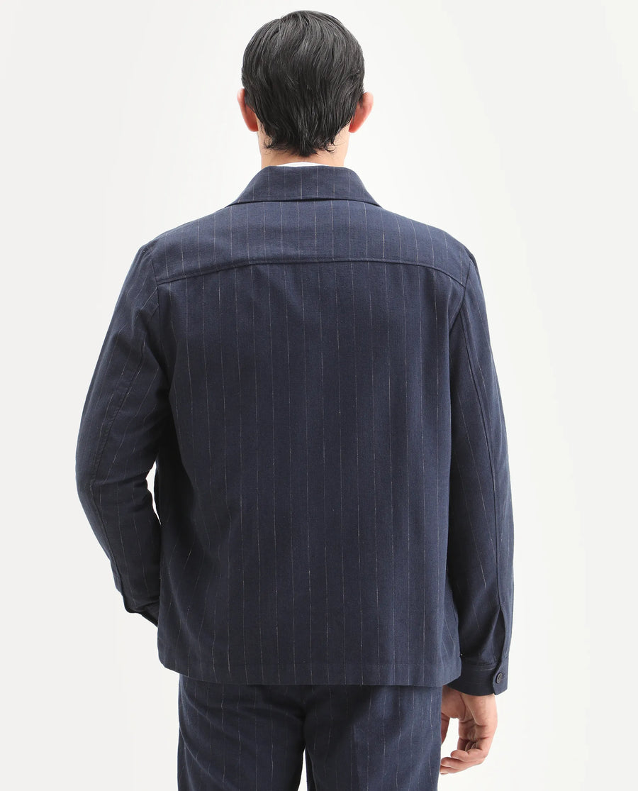 Rare Rabbit Men's Jlo-T Blue Polyester Fabric Full Sleeve Collared Neck Regular Fit Striped Shirt
