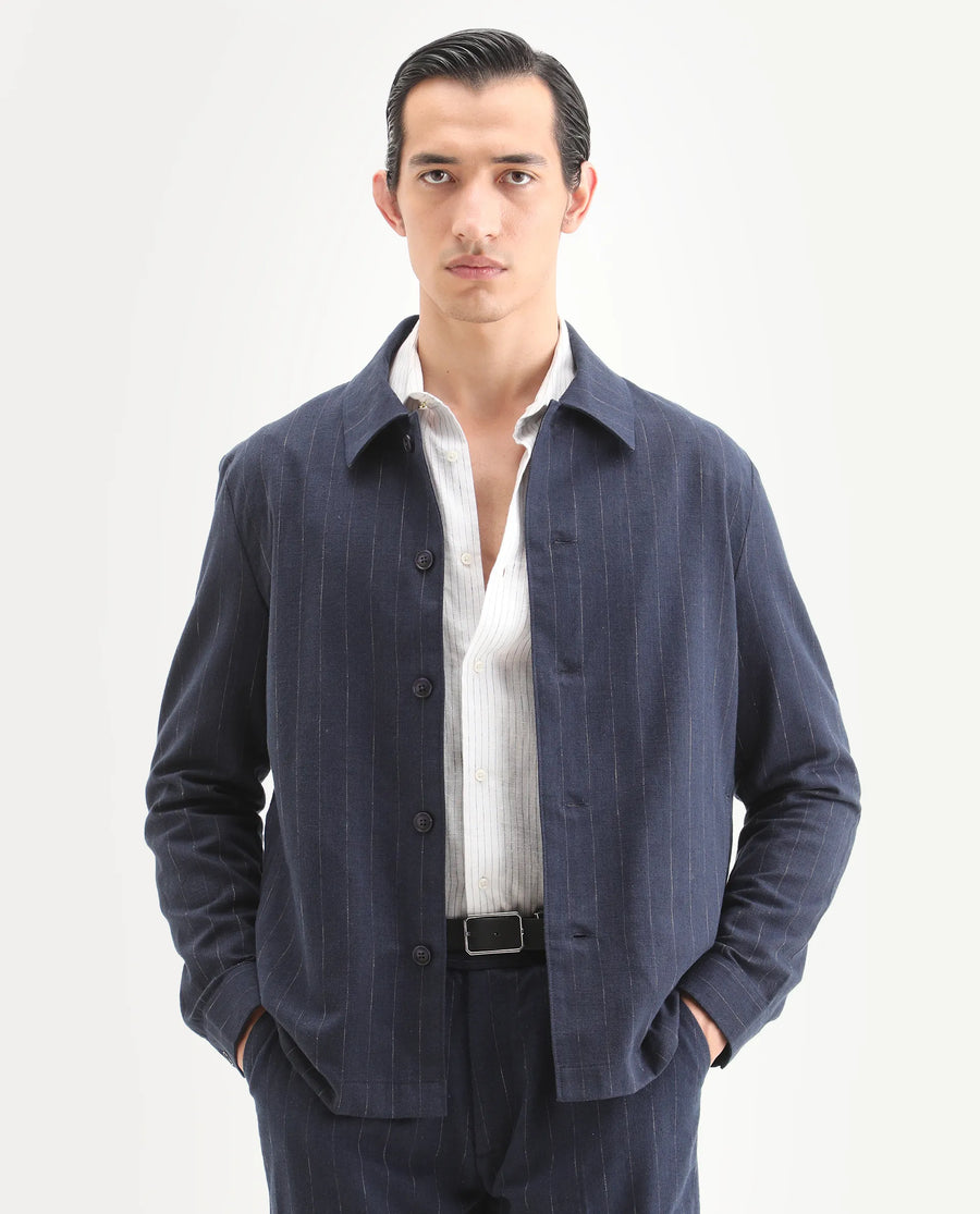 Rare Rabbit Men's Jlo-T Blue Polyester Fabric Full Sleeve Collared Neck Regular Fit Striped Shirt