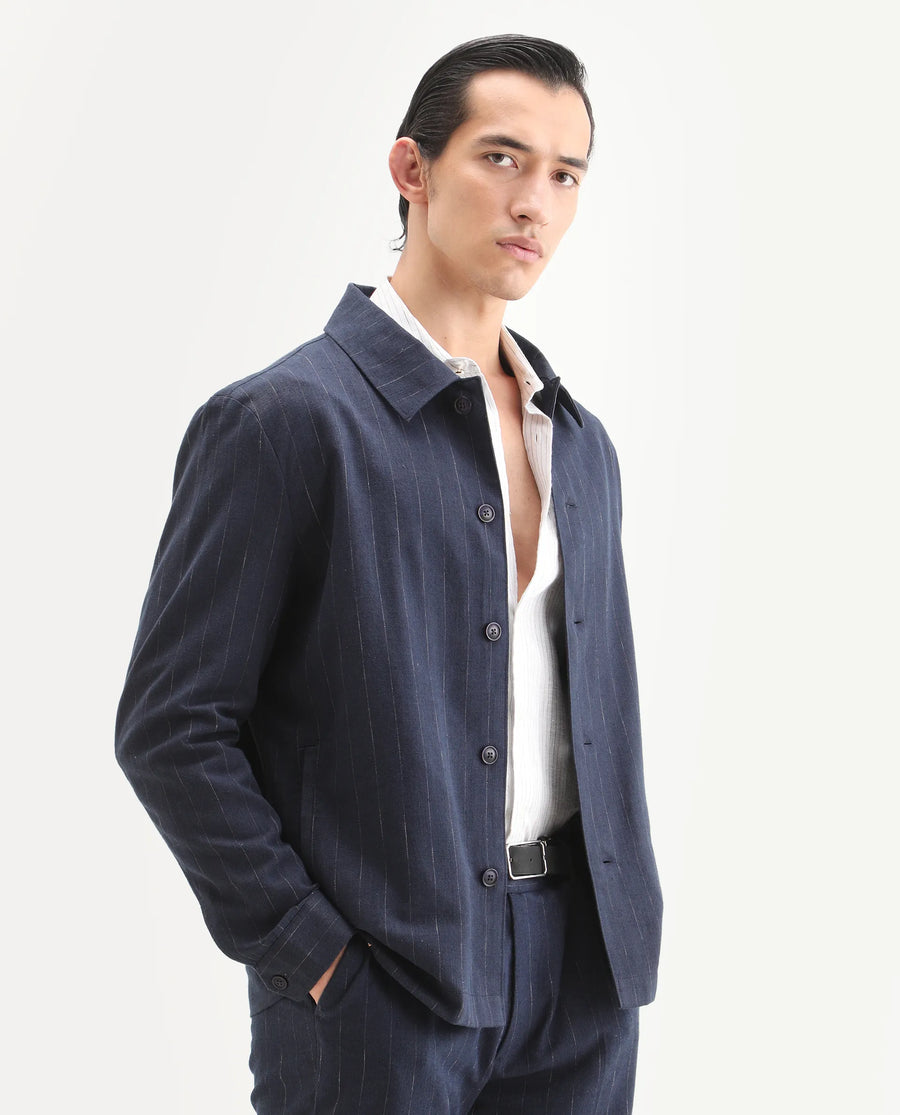 Rare Rabbit Men's Jlo-T Blue Polyester Fabric Full Sleeve Collared Neck Regular Fit Striped Shirt