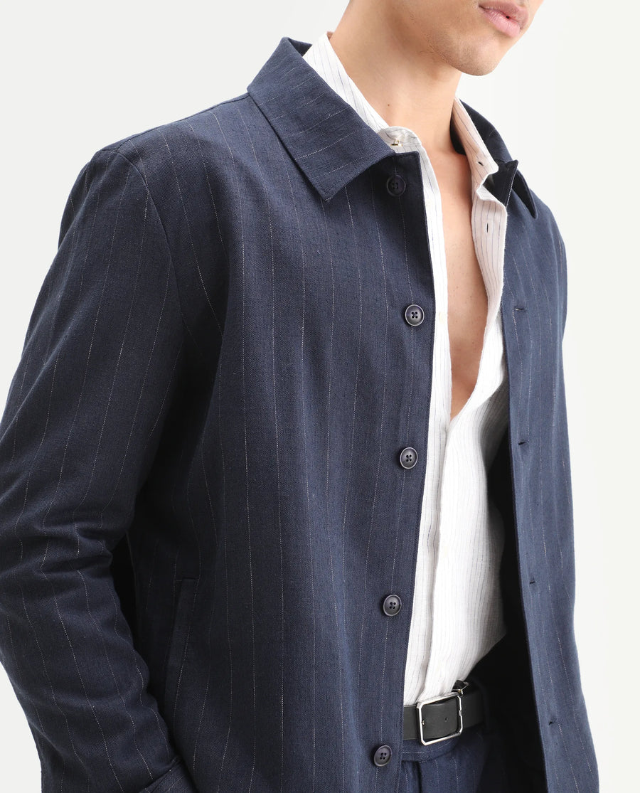Rare Rabbit Men's Jlo-T Blue Polyester Fabric Full Sleeve Collared Neck Regular Fit Striped Shirt