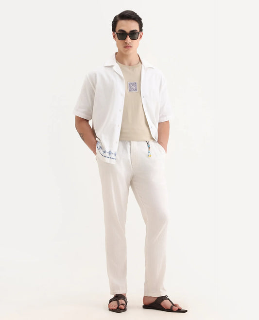 Rare Rabbit Men's Jlo Beige Cotton Blend Plain Relaxed Fit Trouser