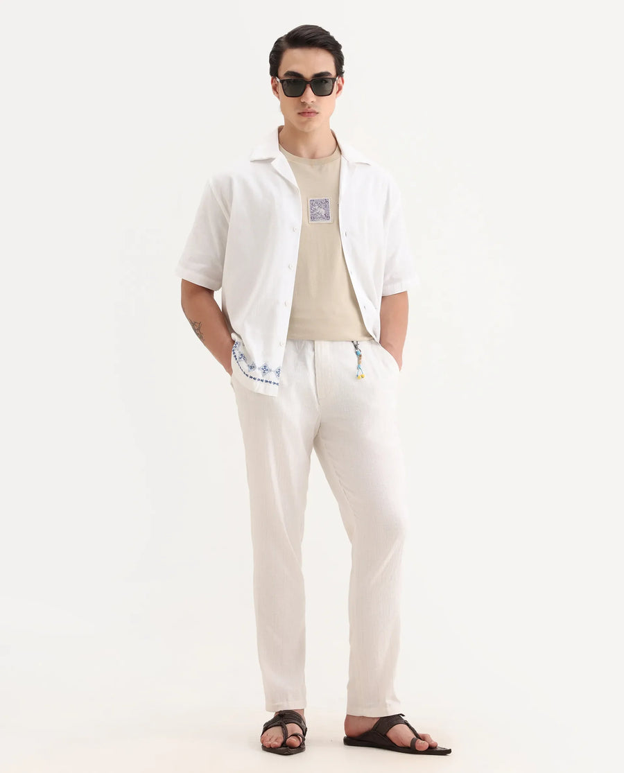 Rare Rabbit Men's Jlo Beige Cotton Blend Plain Relaxed Fit Trouser