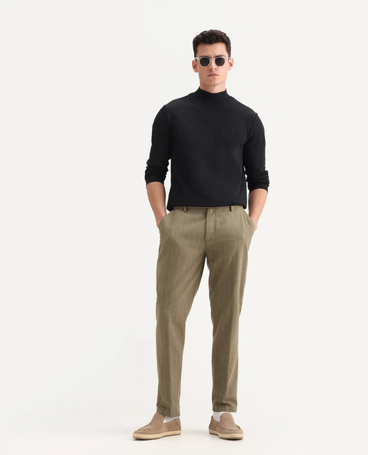 Rare Rabbit Men's Jlo Khaki Cotton Blend Striped Print Relaxed Fit Trouser