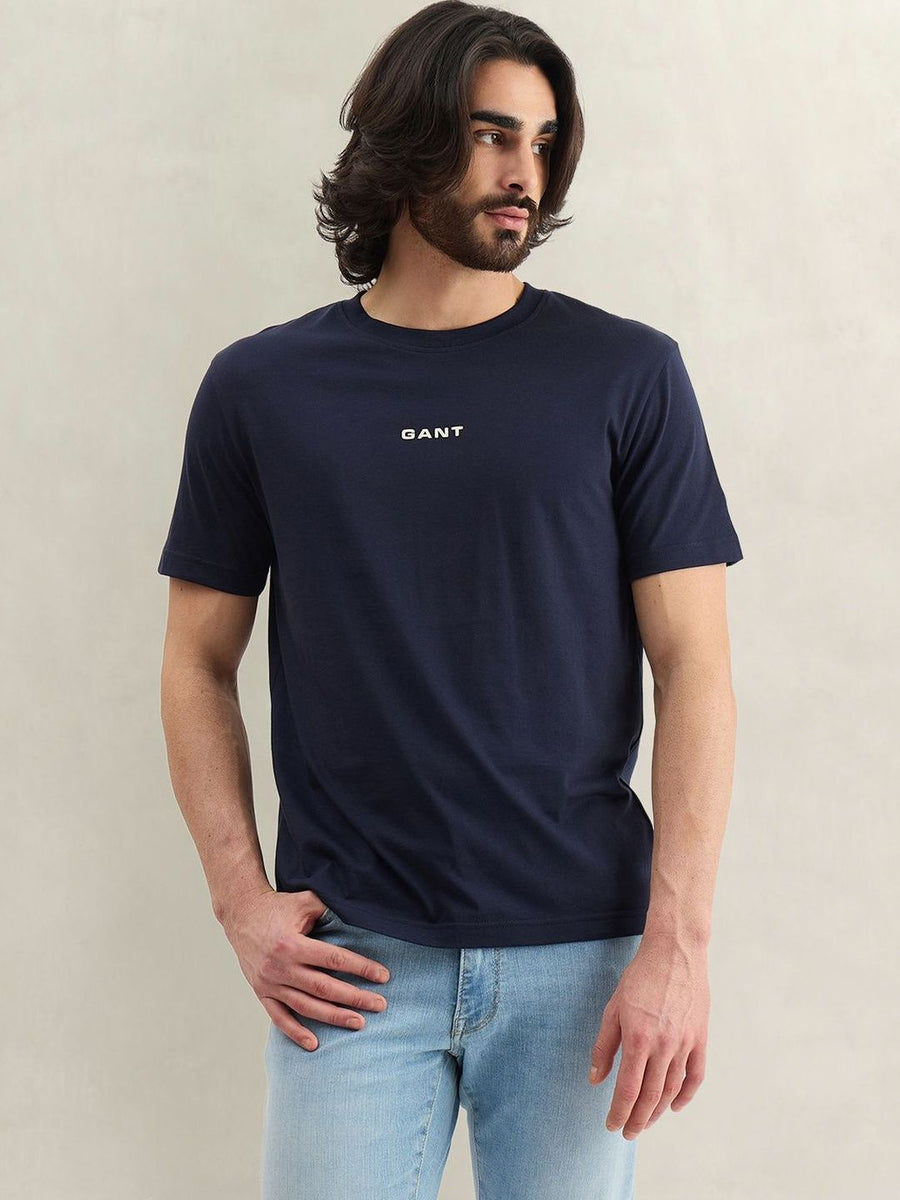 Gant Men Navy Blue Solid Regular Fit Pure Cotton T-Shirt
