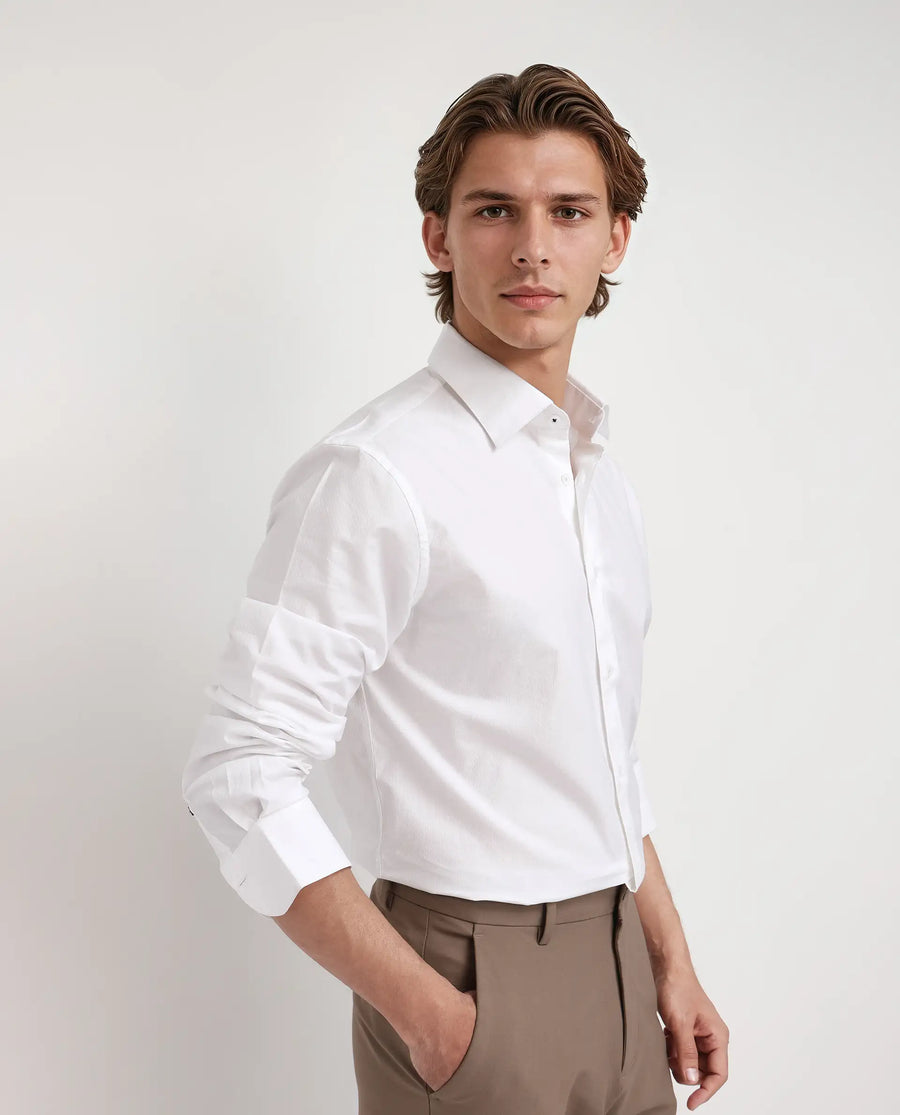 Rare Rabbit Men's Joan White Cotton Plain Regular Fit Full Sleeve Collared Shirt