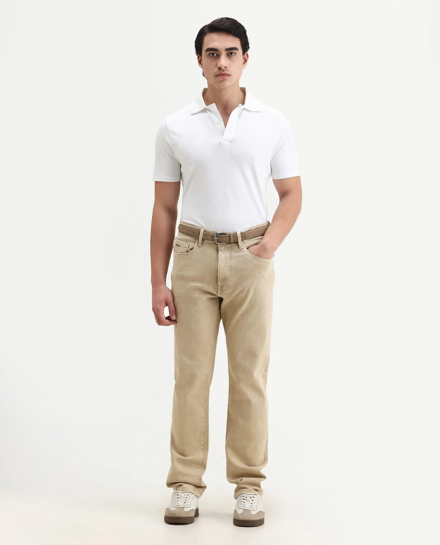 Rare Rabbit Men's Joel-G3 Beige Cotton Blend Fabric Morris Regular Plain Jeans