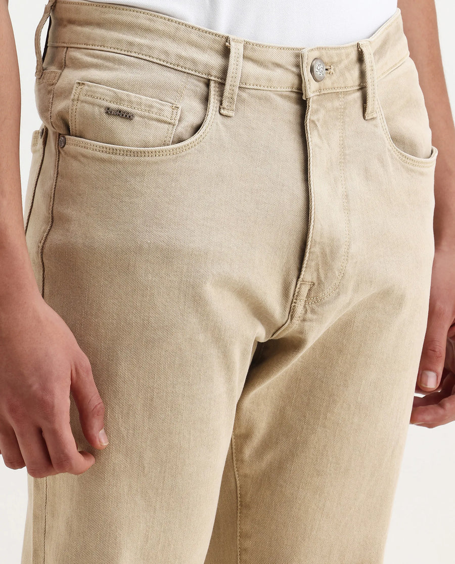 Rare Rabbit Men's Joel-G3 Beige Cotton Blend Fabric Morris Regular Plain Jeans