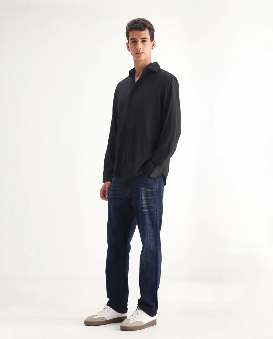 Rare Rabbit Men's Jogg Dark Blue Cotton Blend Plain Morris Regular Fit Jeans