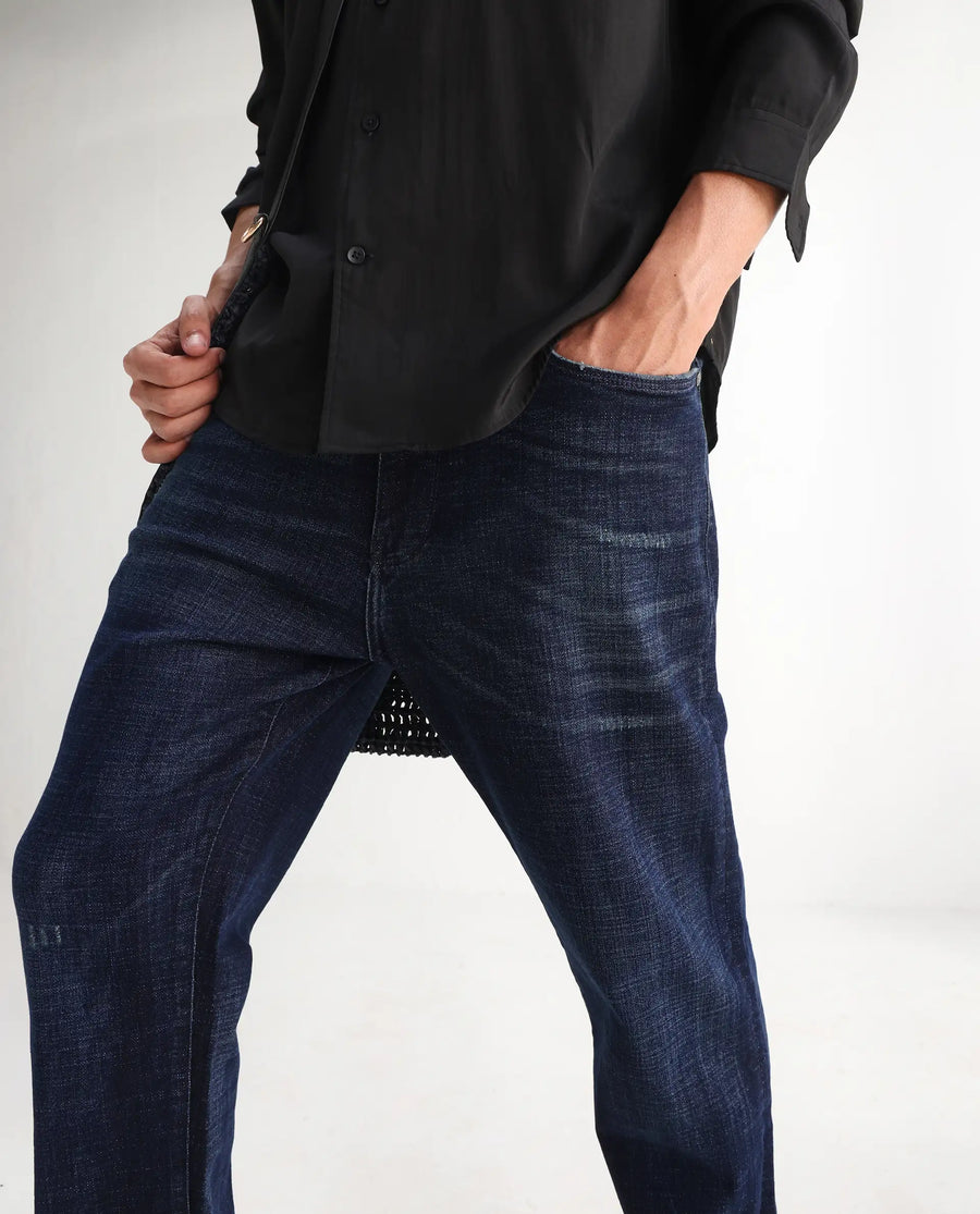 Rare Rabbit Men's Jogg Dark Blue Cotton Blend Plain Morris Regular Fit Jeans