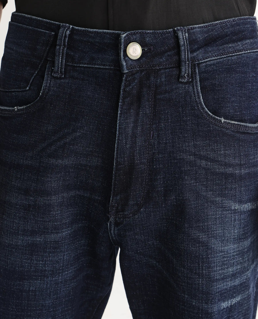 Rare Rabbit Men's Jogg Dark Blue Cotton Blend Plain Morris Regular Fit Jeans