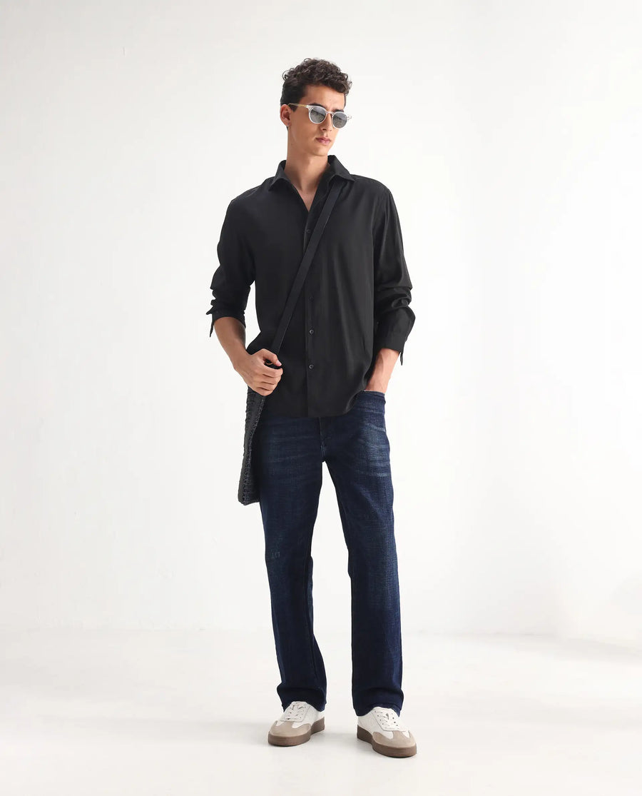 Rare Rabbit Men's Jogg Dark Blue Cotton Blend Plain Morris Regular Fit Jeans