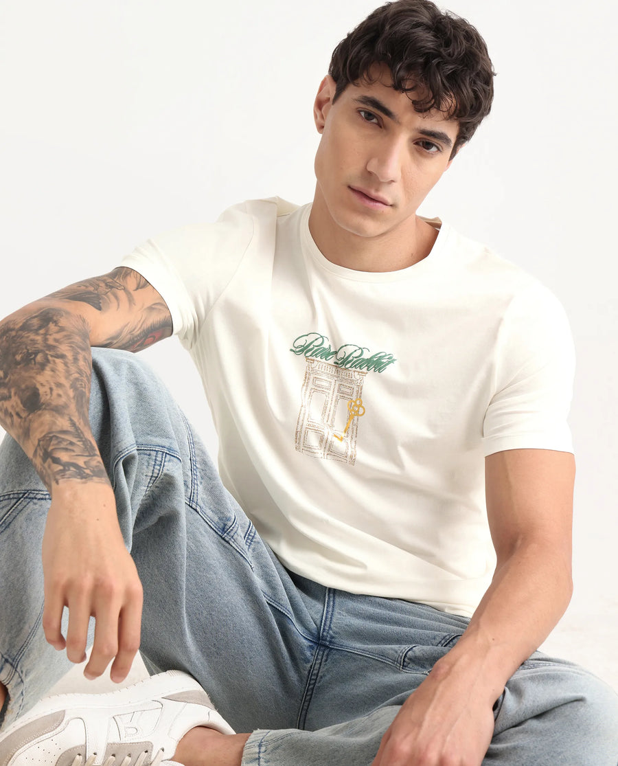 Rare Rabbit Men's Jojo Off White Cotton Blend Fabric Crew Neck Regular Fit Graphic Print T-Shirt