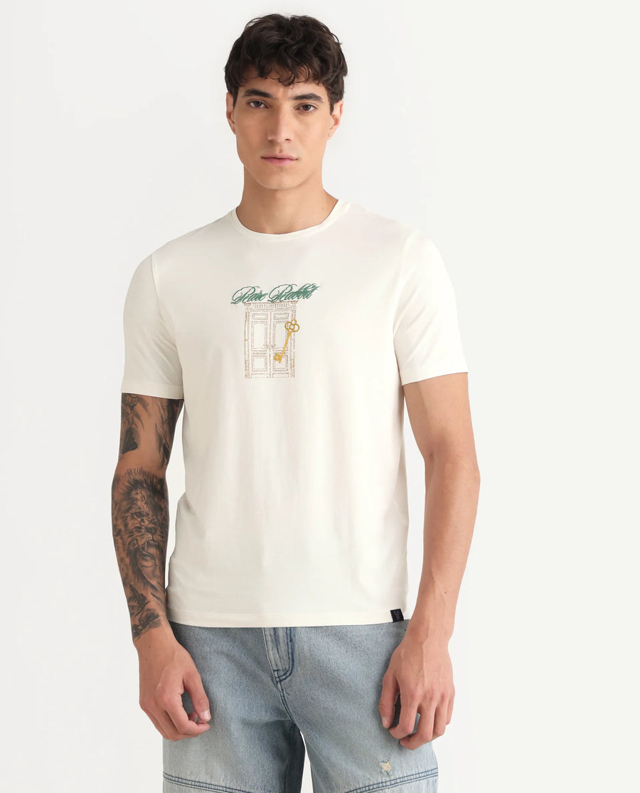 Rare Rabbit Men's Jojo Off White Cotton Blend Fabric Crew Neck Regular Fit Graphic Print T-Shirt