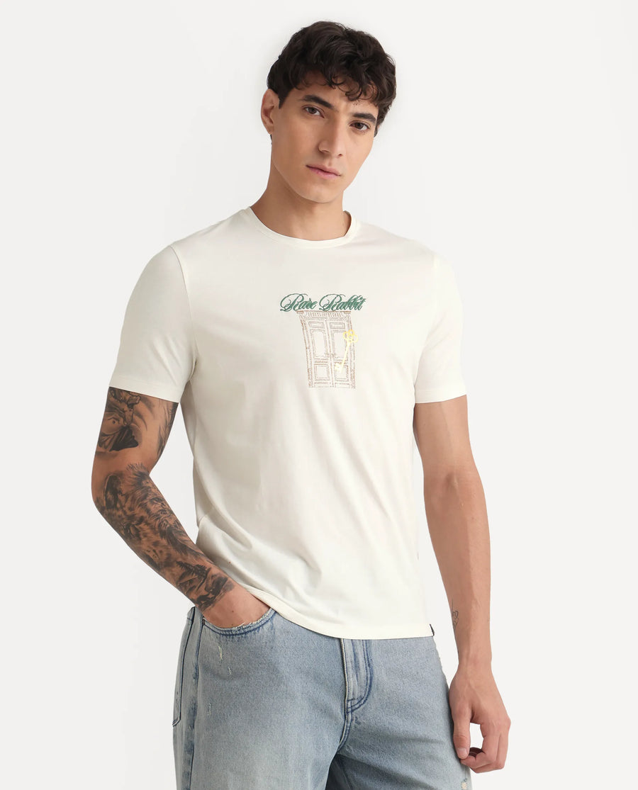 Rare Rabbit Men's Jojo Off White Cotton Blend Fabric Crew Neck Regular Fit Graphic Print T-Shirt