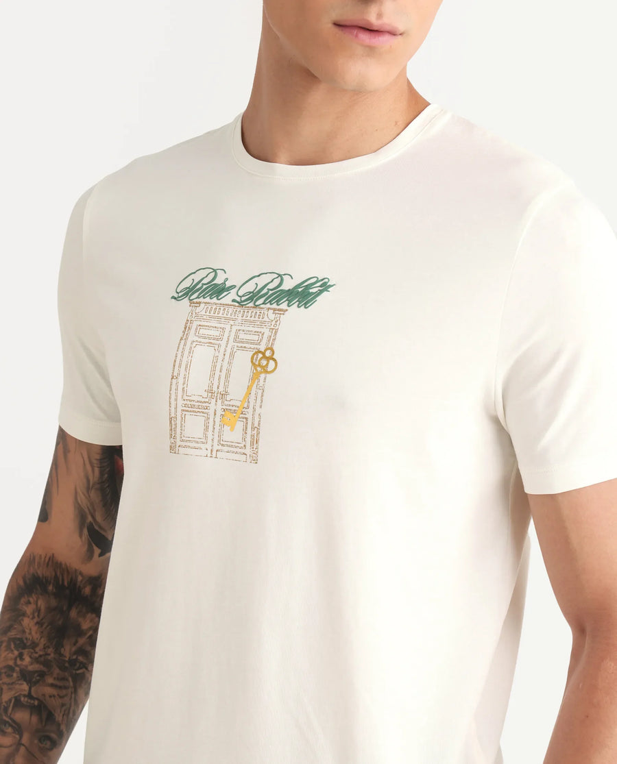 Rare Rabbit Men's Jojo Off White Cotton Blend Fabric Crew Neck Regular Fit Graphic Print T-Shirt