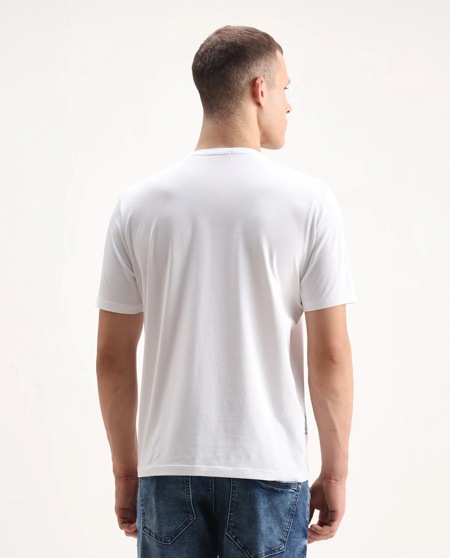 Rare Rabbit Men's Jolt White Cotton Blend Graphic Print Regular Fit Half Sleeve Crew Neck T-Shirt