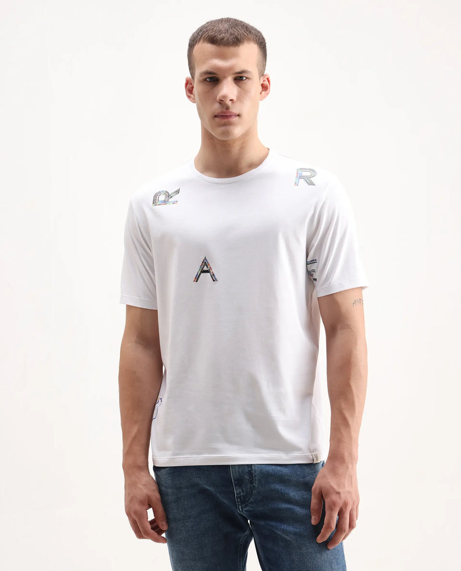 Rare Rabbit Men's Jolt White Cotton Blend Graphic Print Regular Fit Half Sleeve Crew Neck T-Shirt