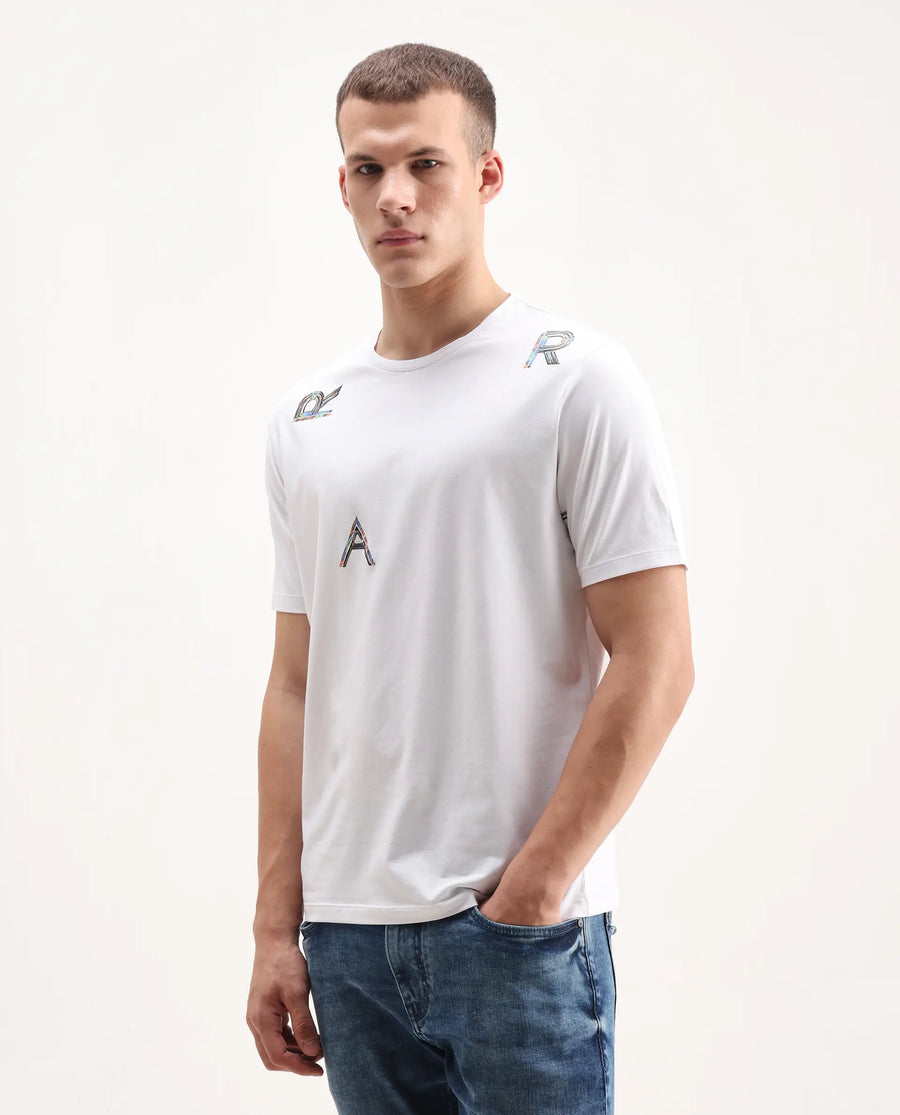 Rare Rabbit Men's Jolt White Cotton Blend Graphic Print Regular Fit Half Sleeve Crew Neck T-Shirt