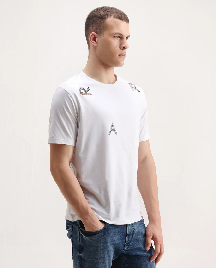 Rare Rabbit Men's Jolt White Cotton Blend Graphic Print Regular Fit Half Sleeve Crew Neck T-Shirt