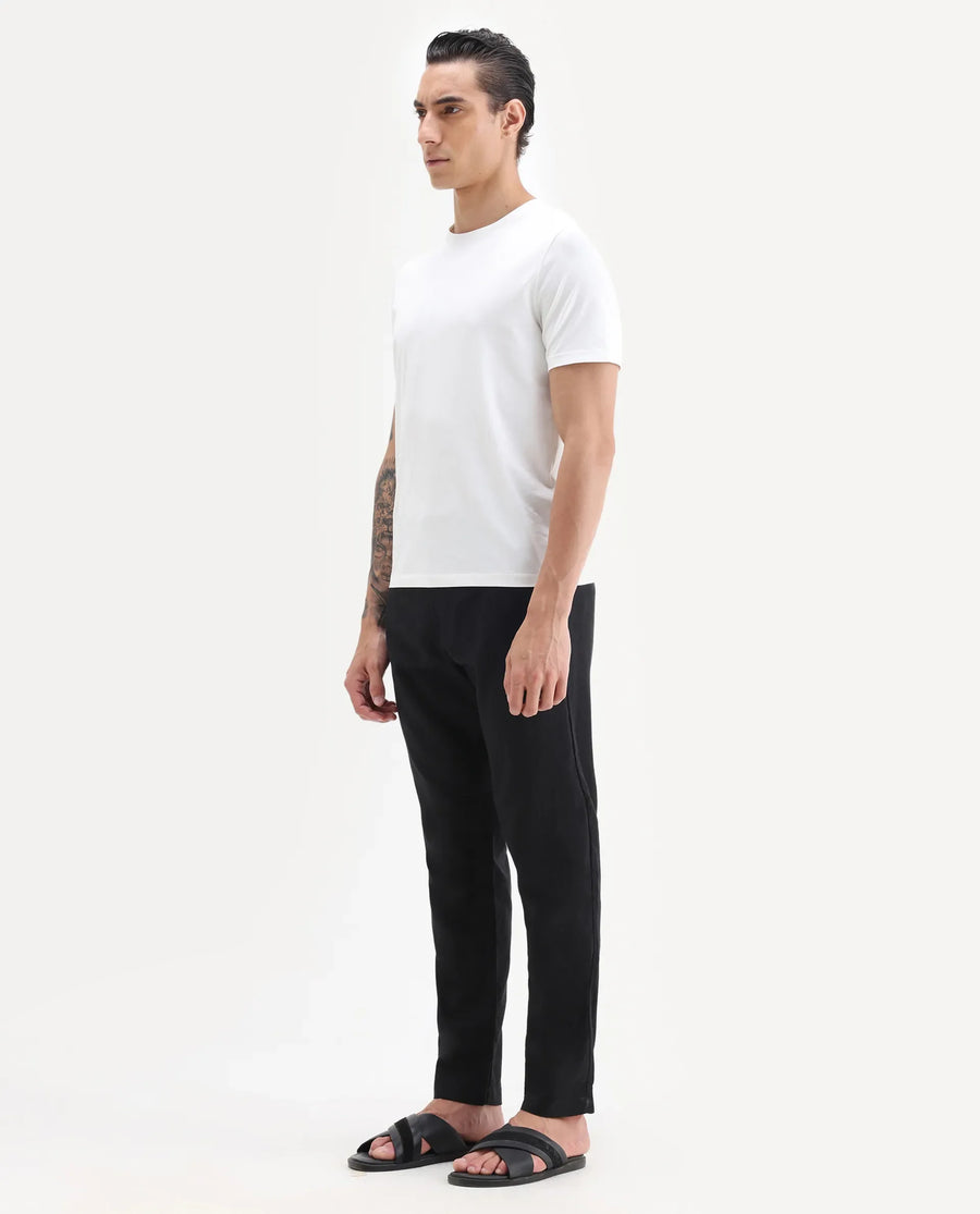 Rare Rabbit Men's Jomo-B Black Linen Blend Plain Regular Fit Trouser
