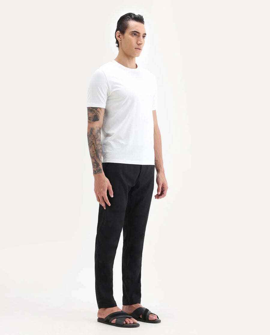 Rare Rabbit Men's Jomo-B Black Linen Blend Plain Regular Fit Trouser