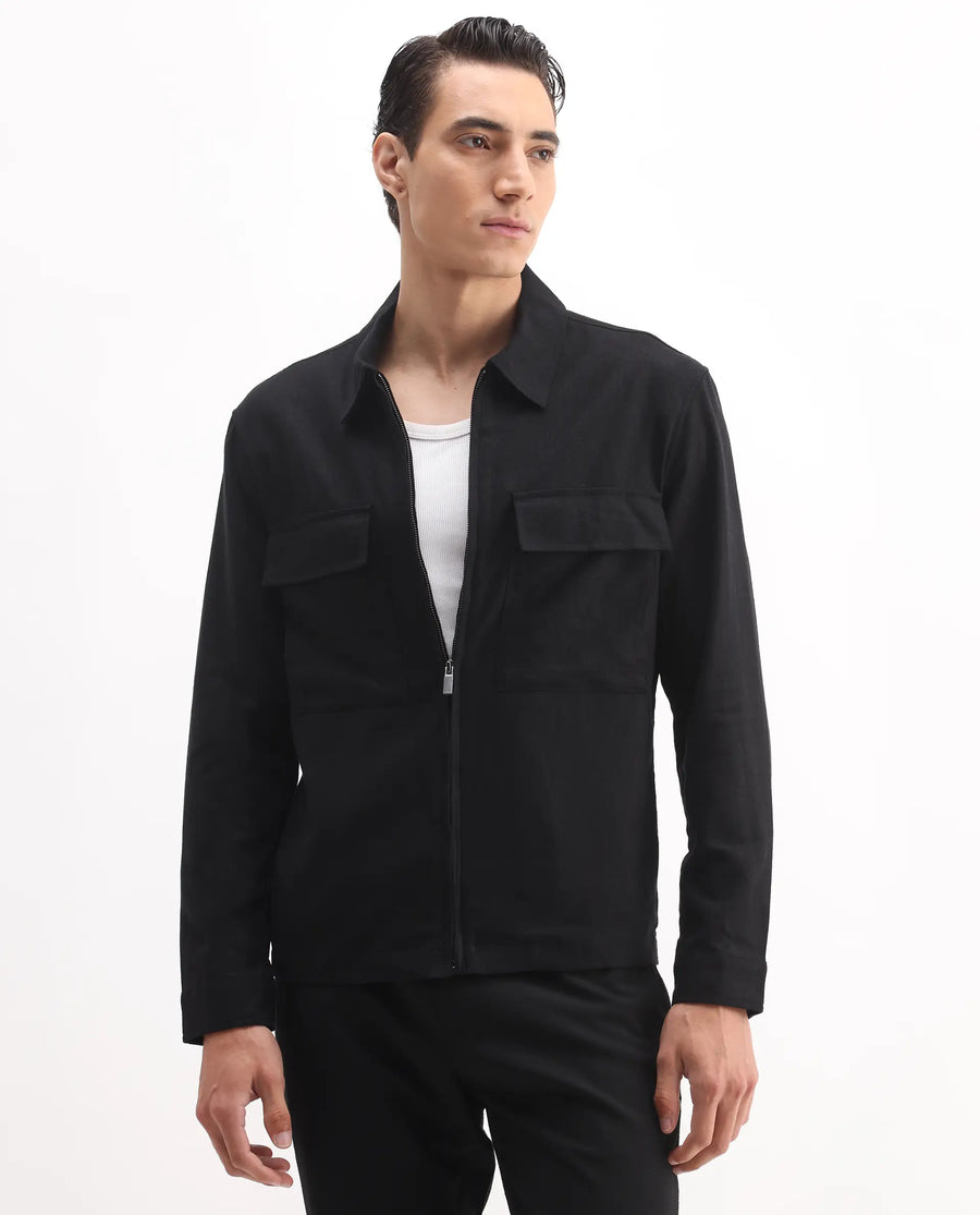 Rare Rabbit Men's Jomo-T Black Linen Blend Plain Relaxed Fit Full Sleeve Collared Shaket