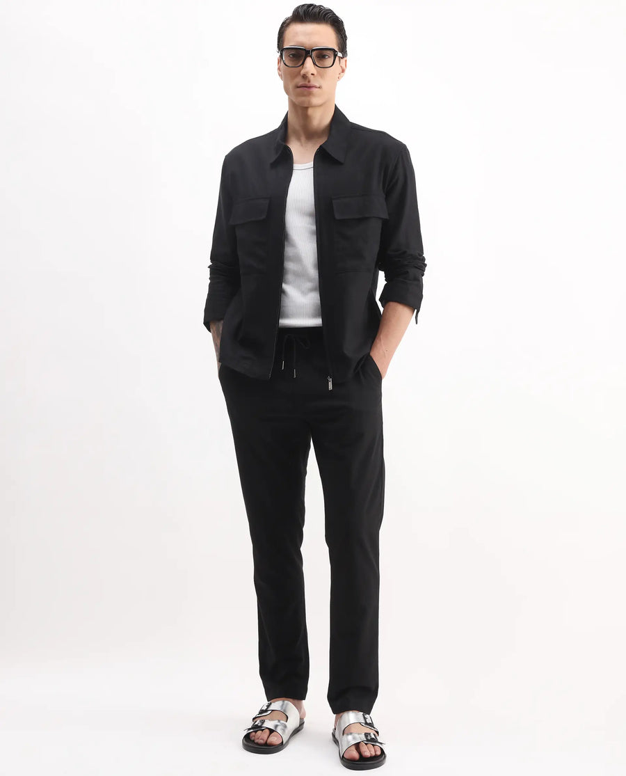 Rare Rabbit Men's Jomo-T Black Linen Blend Plain Relaxed Fit Full Sleeve Collared Shaket