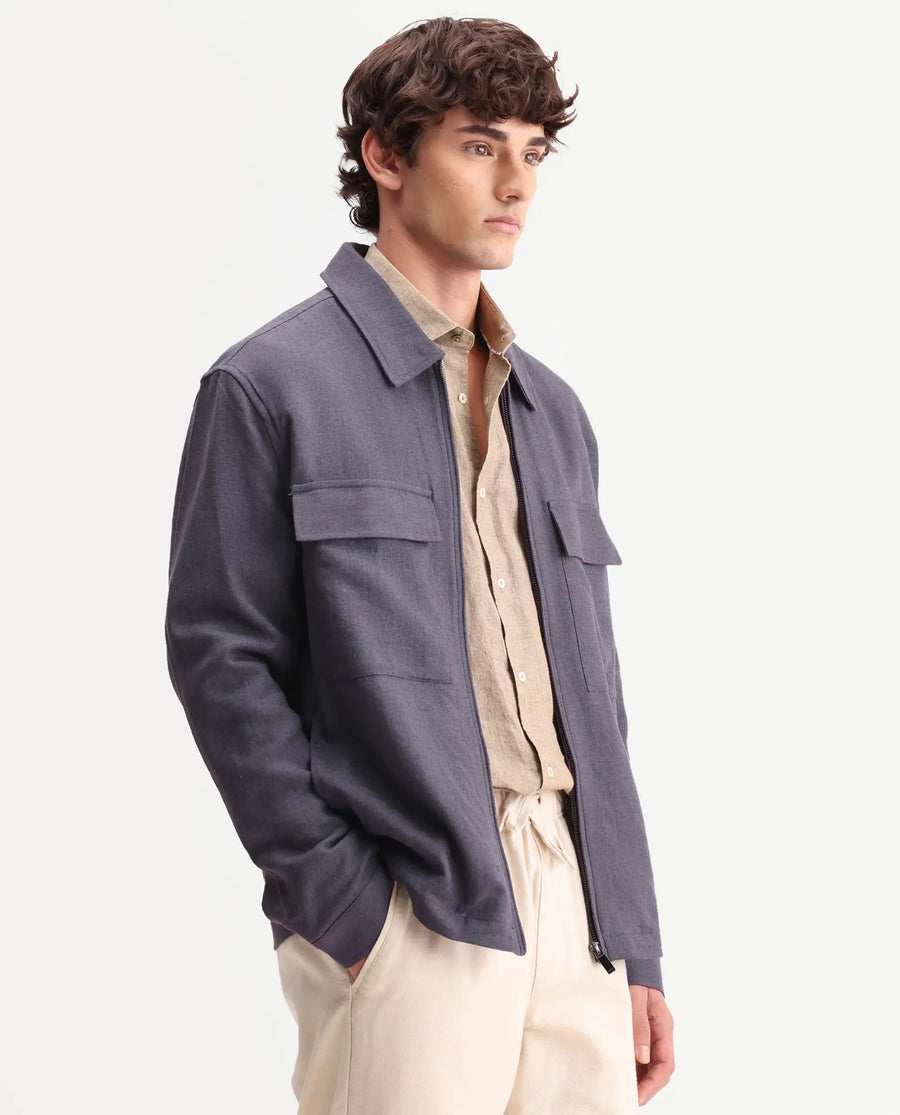 Rare Rabbit Men's Jomo-T-26 Dusky Purple Linen Blend Spread Collar Zipper Regular Plain Shacket