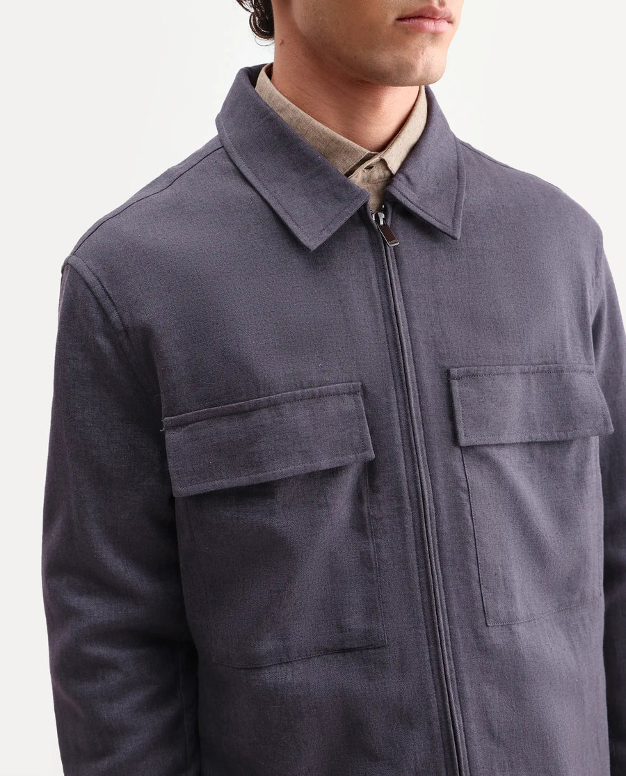Rare Rabbit Men's Jomo-T-26 Dusky Purple Linen Blend Spread Collar Zipper Regular Plain Shacket