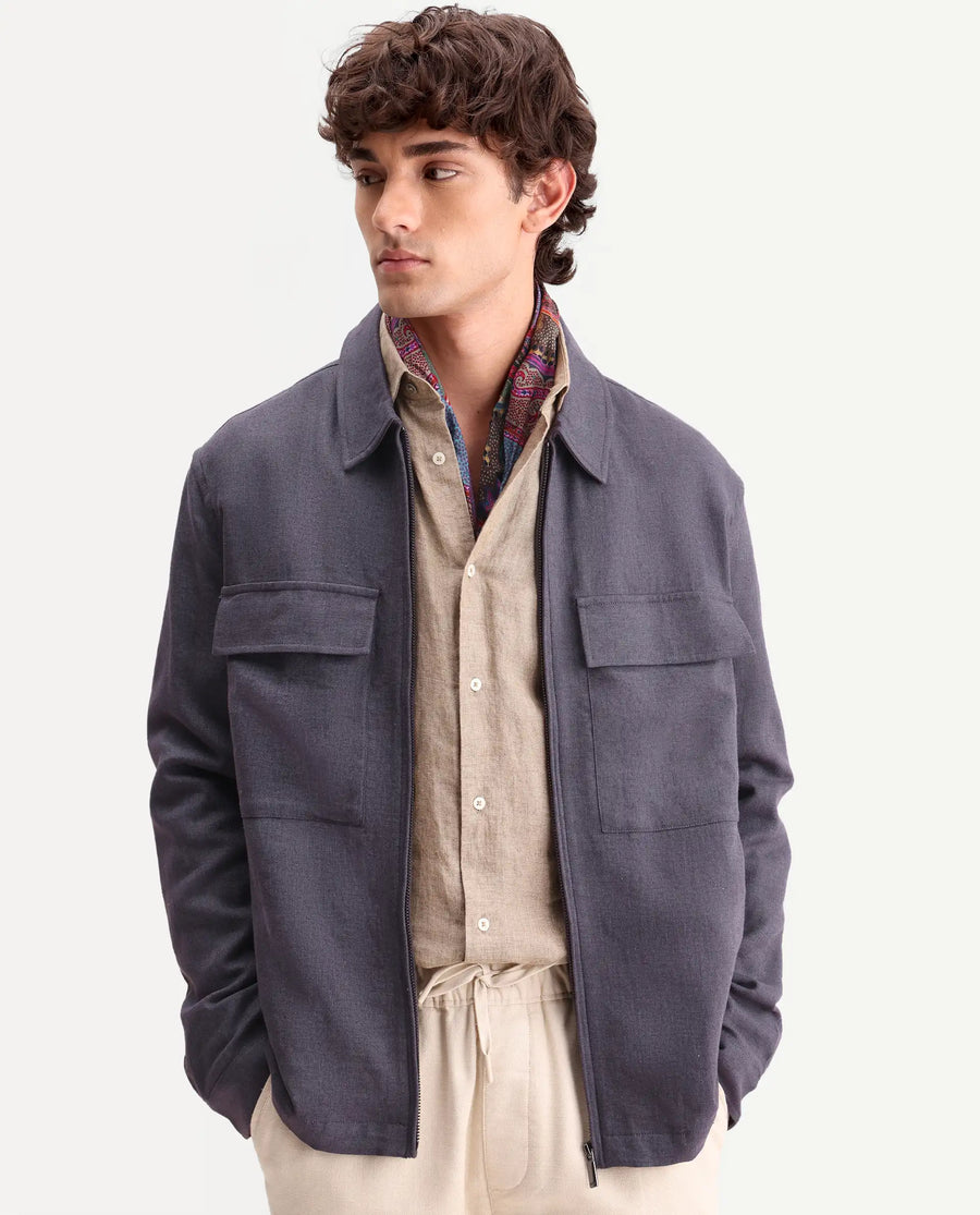Rare Rabbit Men's Jomo-T-26 Dusky Purple Linen Blend Spread Collar Zipper Regular Plain Shacket