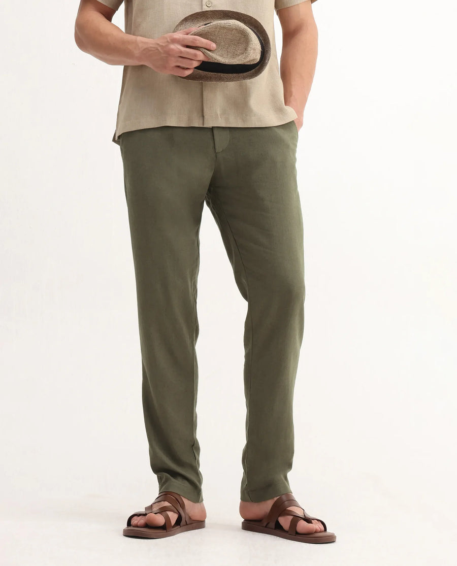 Rare Rabbit Men's Jomo-B Olive Linen Blend Plain Regular Fit Trouser