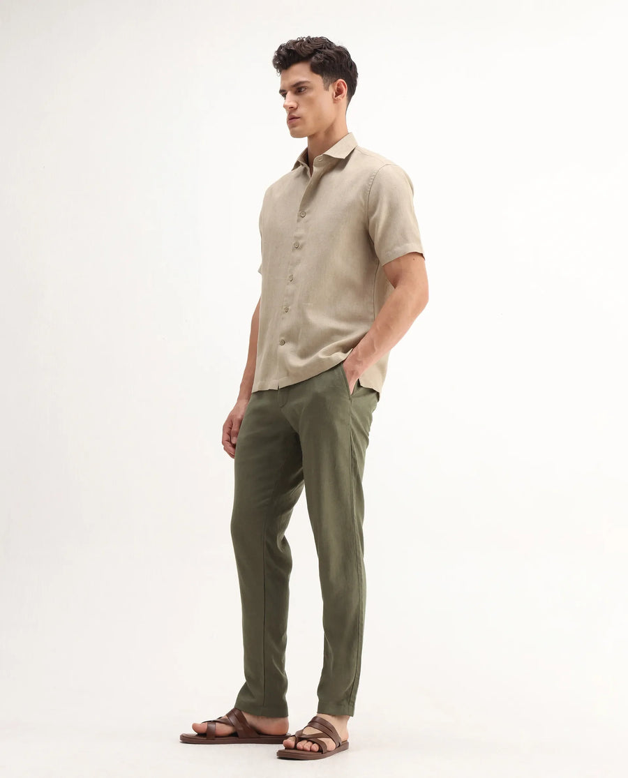 Rare Rabbit Men's Jomo-B Olive Linen Blend Plain Regular Fit Trouser