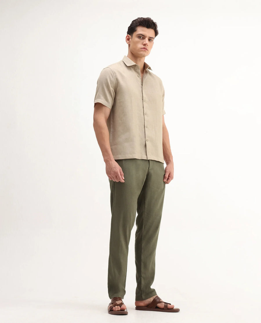 Rare Rabbit Men's Jomo-B Olive Linen Blend Plain Regular Fit Trouser