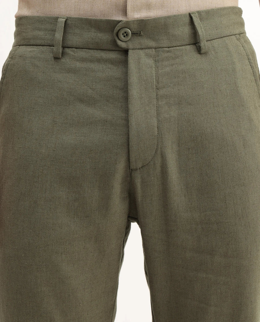 Rare Rabbit Men's Jomo-B Olive Linen Blend Plain Regular Fit Trouser