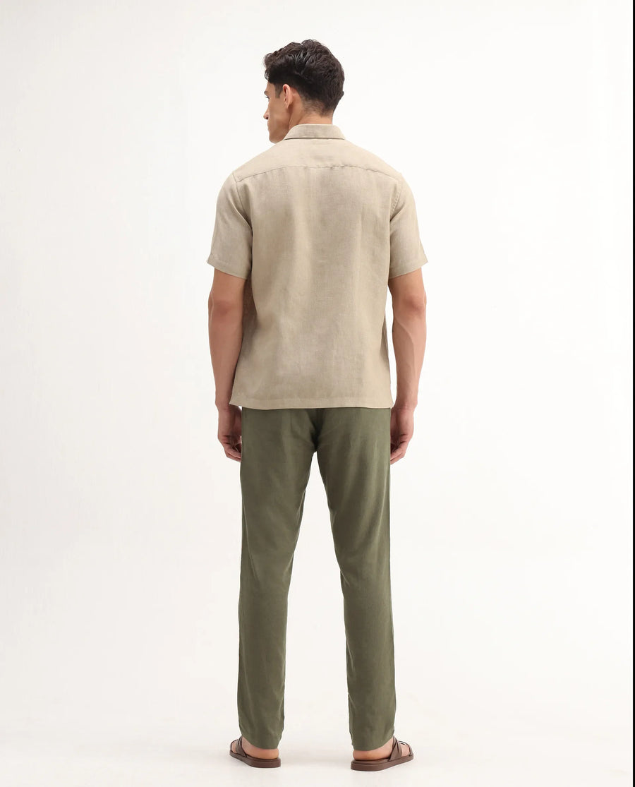 Rare Rabbit Men's Jomo-B Olive Linen Blend Plain Regular Fit Trouser