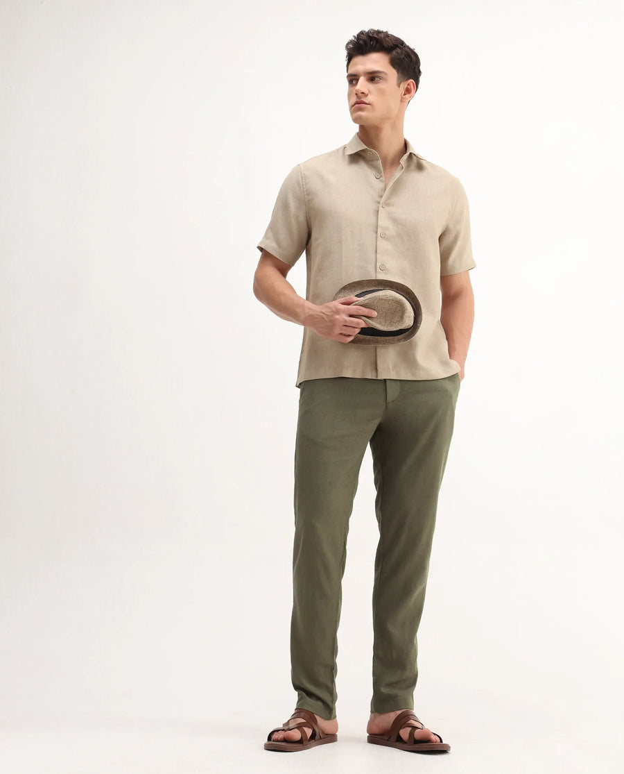 Rare Rabbit Men's Jomo-B Olive Linen Blend Plain Regular Fit Trouser