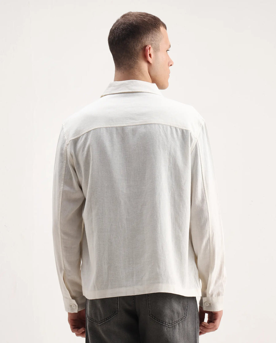 Rare Rabbit Men's Jomo-T White Linen Blend Plain Relaxed Fit Full Sleeve Collared Shaket